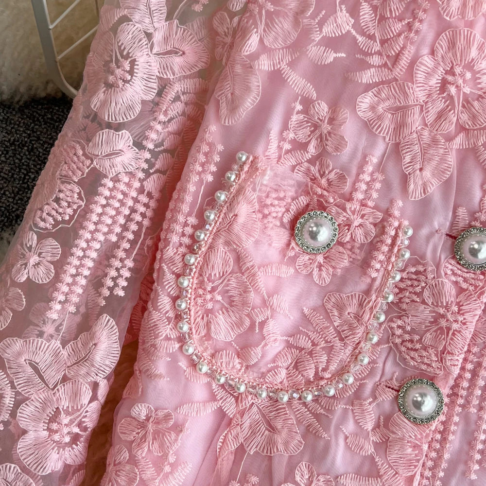 High Quality Floral Embroidery Two Piece Sets Women Suits Elegant OL Long Sleeve Shirt Mid Skirts 2 Piece Outfits Female
