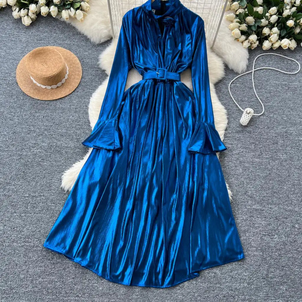 Autumn Vintage Pleated Women Long Dress Elegant Stand Collar Solid A-Line Party Prom Vestidos Female Birthday Clothes Mujers