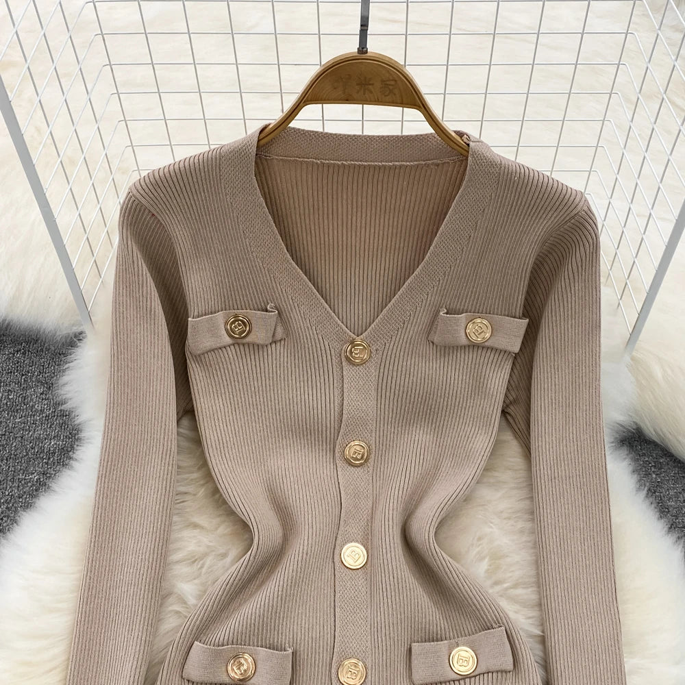 Sexy Split V-neck Long Sleeve Bodycon Dress Chic Elegant Evening Party French Fashion Knit Vestidos Women Autumn Pencil Dress