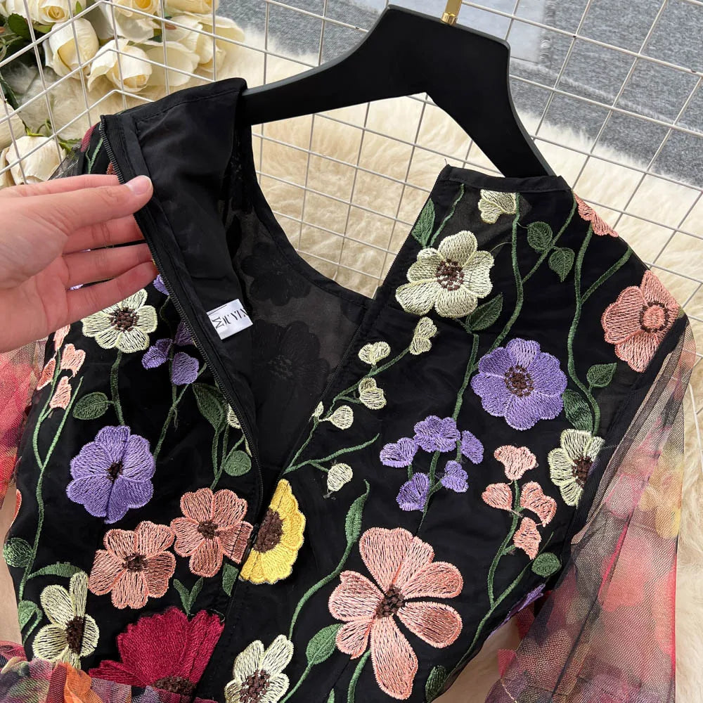 Retro Print Embroidery Elegant Mesh Dress A-line O-neck Long Sleeve Casual High Waist Dress Women Summer