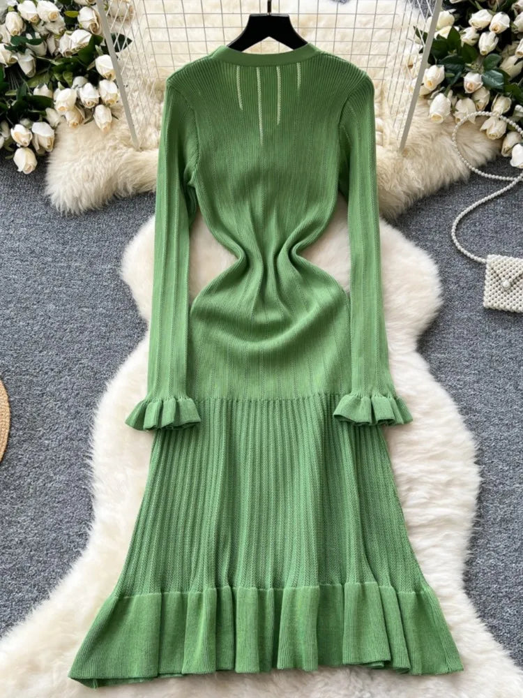 Elegant Women Solid Knitted Dresses Autumn V-Neck Single Breasted Chic Flared Sleeve Ruffles Hem Casual Female Slim Office Robes