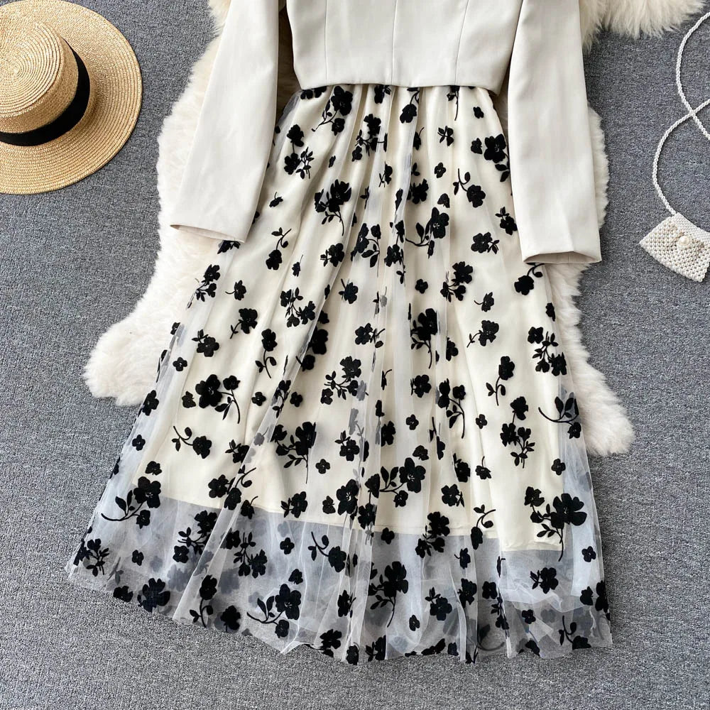 French Style Elegant Two Piece Sets Women Double Breasted Blazer Jacket + Mesh A-line Long Dress Fashion Korean Outfits