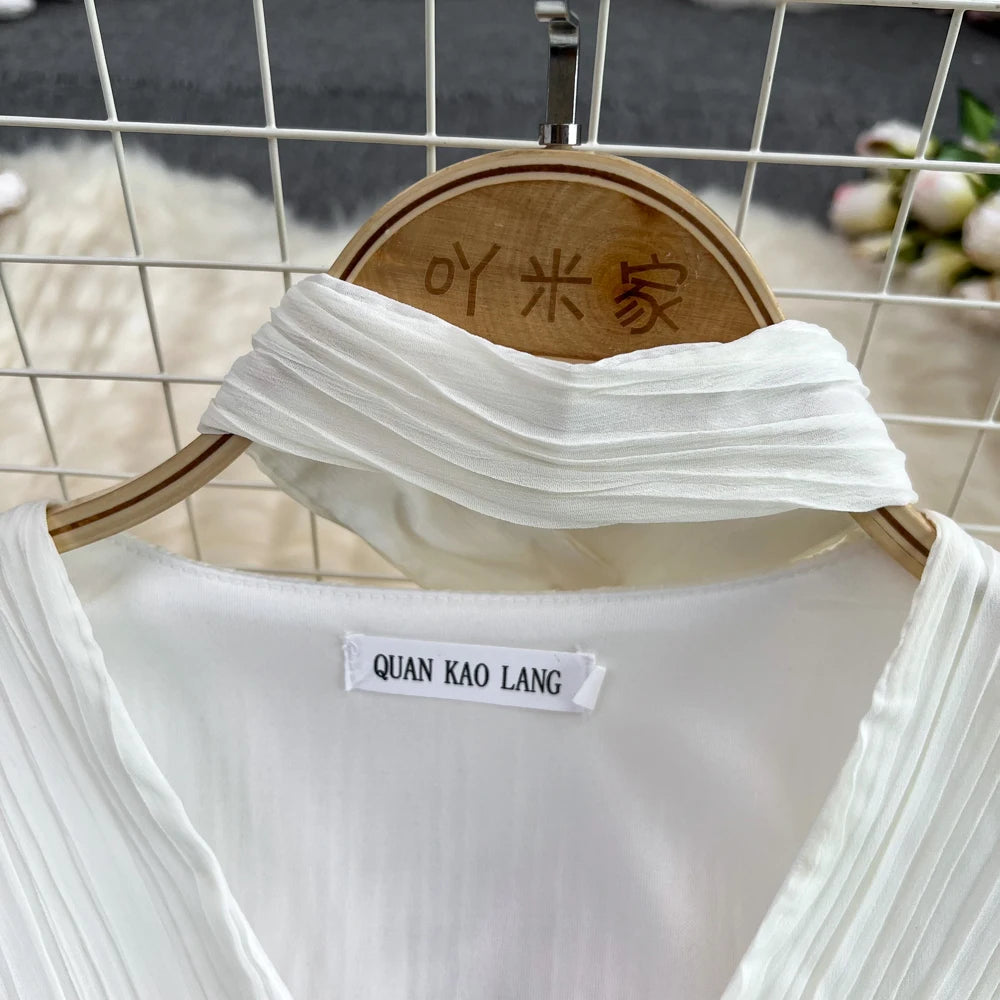 Autumn Solid Pleated Long Dresses for Women Halter V-Neck Flare Sleeve Wedding Party Dress Korean Fashion One Piece Vestidos New