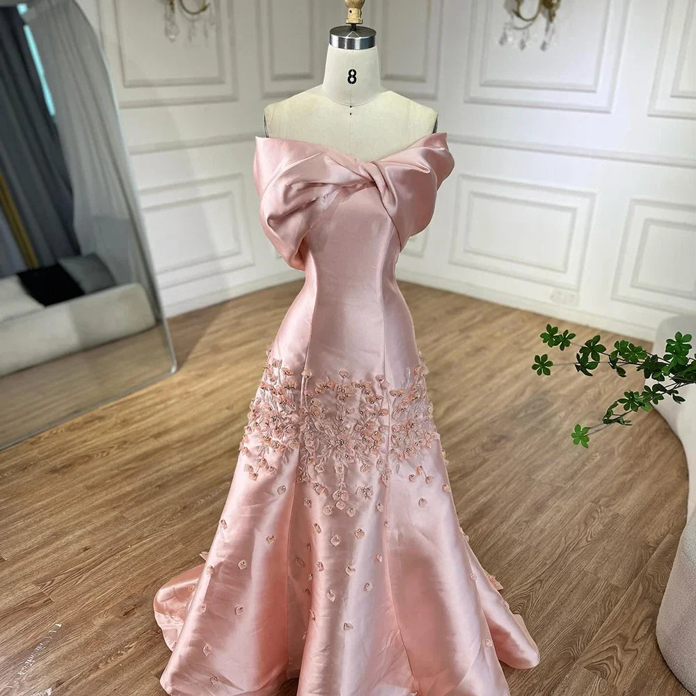 Serene Hill 2024 Luxury Saudi Arabia Off Shoulder Mermaid Peach Satin Luxury Women Evening Dress For Formal Occasions GLA72483