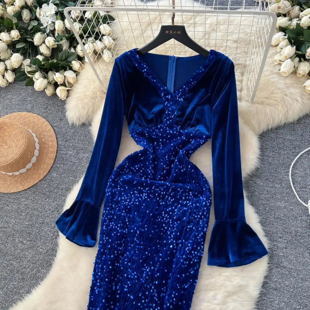 Women's Sexy Velvet Evening Gown Luxury Dresses V-Neck Flare Sleeve Split Long Dress Fashion Slim Robe Birthday Party Autumn New