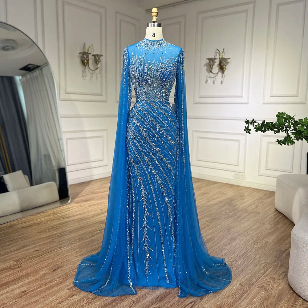 Serene Hill 2024 Nude Cape Sleeves Mermaid Lace Beaded Luxury Dubai Long Evening Dresses Gowns For Formal Occasion LA71885A