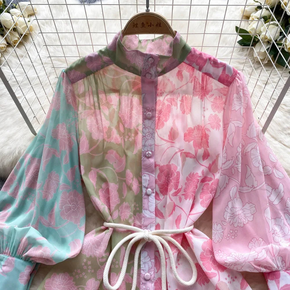 Chic Print Pleated Elegant Lantern Sleeve Dress A-line Casual Lace Up Vacation Party Dress Women Fashion Autumn Spring Vestidos