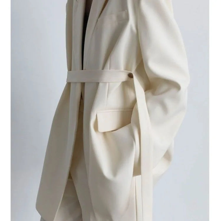 High Quality Two Piece Suit Pant Set White Long Sleeve Loose and Casual Blazer Jacket Medium Length With Wide Leg Pants