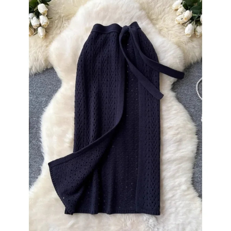 Korean Skirts Women Design Lace-up Waist Hollow-out Crochet Knitted Skirt Split Slim-fit Midi Long Skirts Women Two-piece Sets