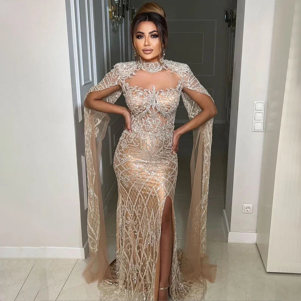 Serene Hill Nude Mermaid Elegant Sexy High Collar Cape Sleeves Luxury Beaded Evening Dresses Gowns 2024 For Women Party GLA71747