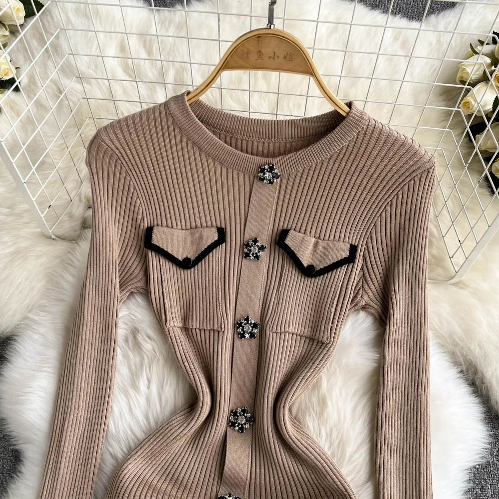 Women Elegant Chic Long Sleeve Sexy Slim Bodycon Dress Vintage Korean Fashion Knit Tight Vestido Autumn Winter Sweater Robe