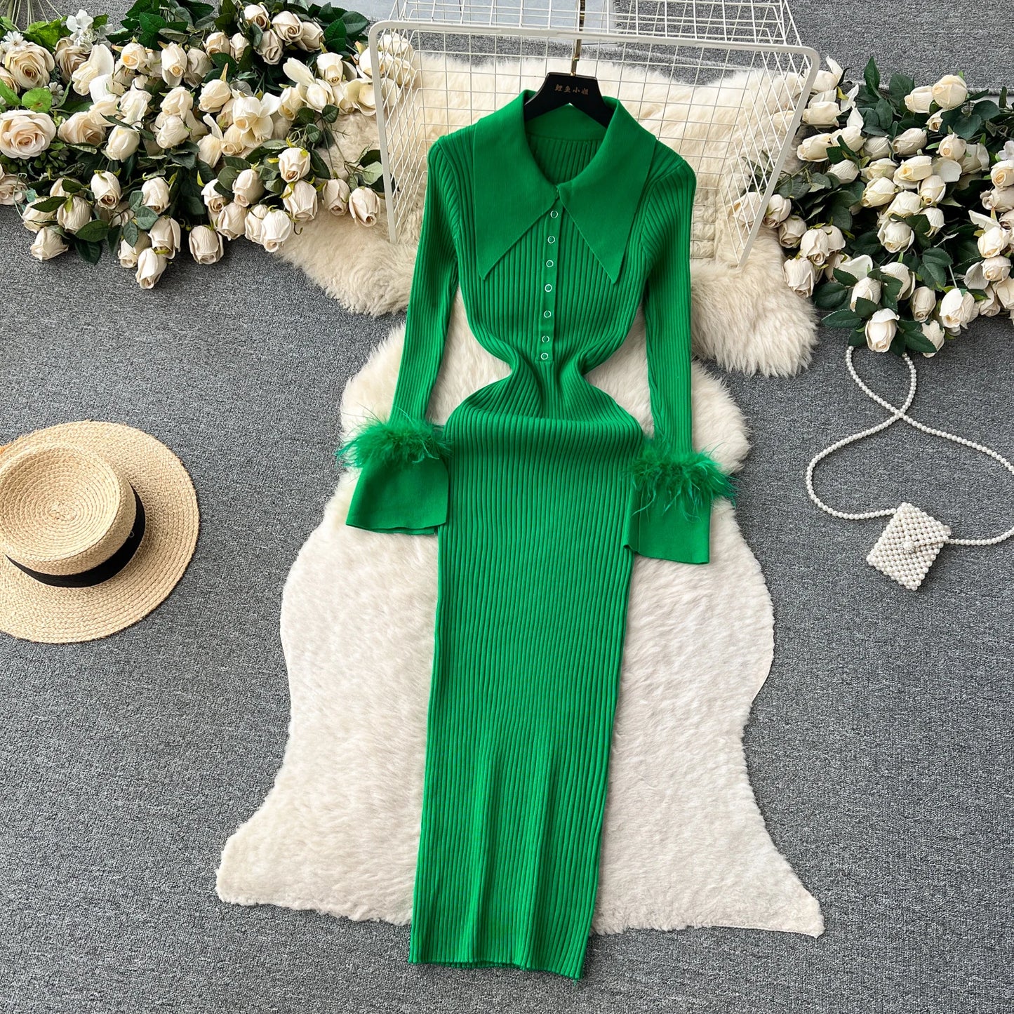 Elegant Turn-down Collar Feather Long Sleeve Knit Bodycon Pencil Dress Slim Fashion Sweater Vestido Sexy Women Winter Clothing