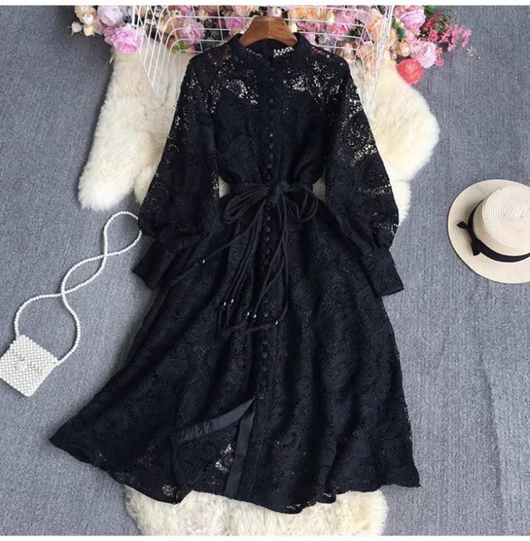 French Vintage Lace Dress Women Elegant Lantern Sleeve Party Long Dress with Belt ladies Slim A-line Spring Autumn Long Robe