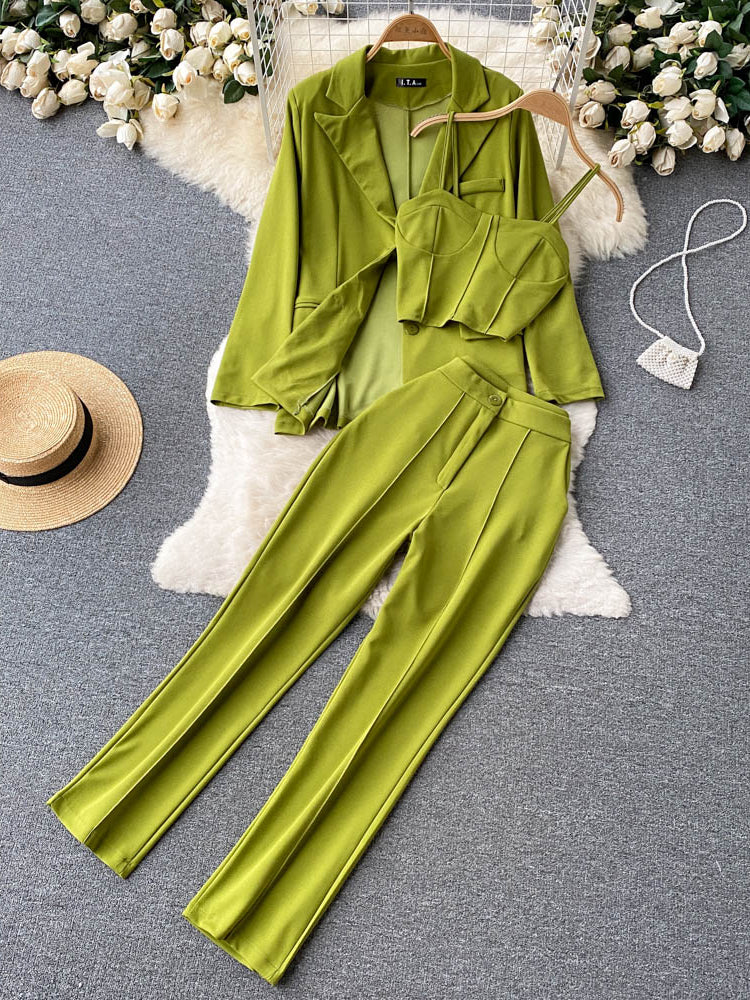 Women Elegant Blazer Three Piece Sets Sexy Tank Tops Loose Jacket and Slim High Waisted Long Pants Suits Woman Outfits