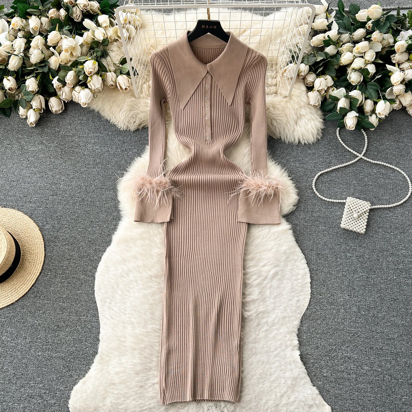 Elegant Turn-down Collar Feather Long Sleeve Knit Bodycon Pencil Dress Slim Fashion Sweater Vestido Sexy Women Winter Clothing