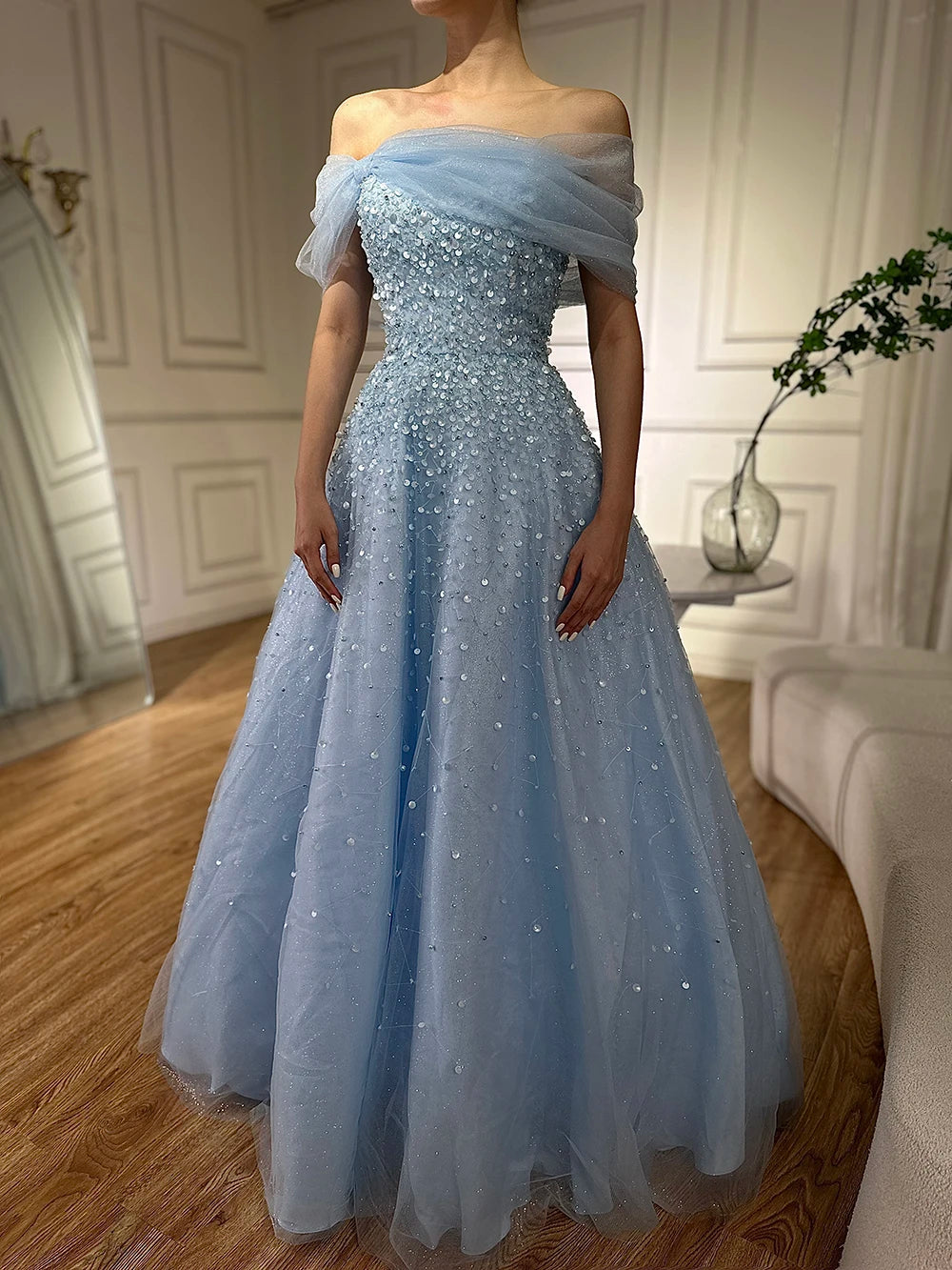 Serene Hill 2024 Arabic Blue Off The Shoulder Beaded Elegant A-Line Long Evening Dresses Gowns for Formal Occasion LA72009A