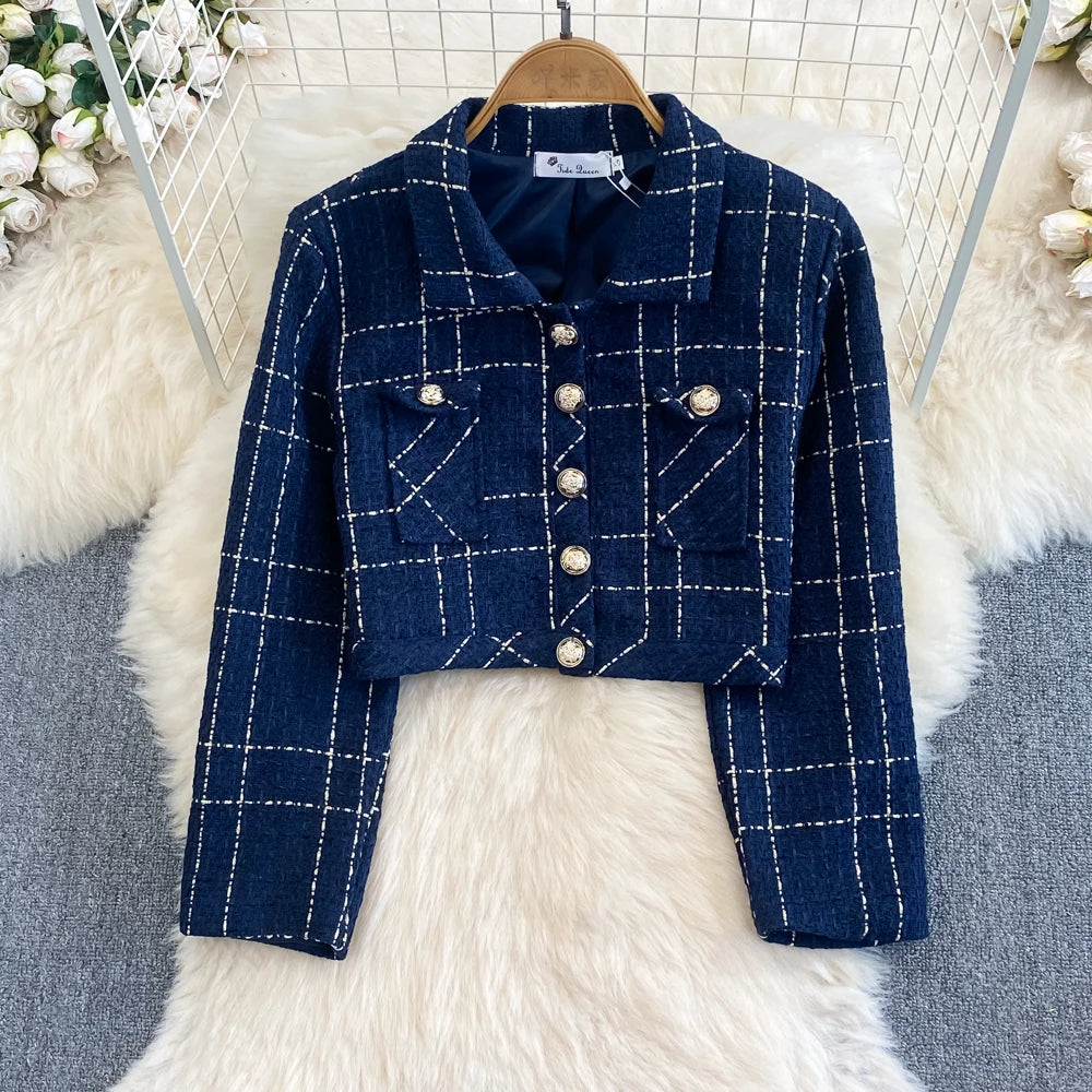Women Checkered tweed Blazer 2-Piece Set Elegant Small Fragrance Wind Outfit Cropped Jacket+Mini Dresses Suit for Spring Autumn