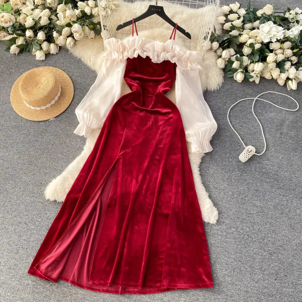 Sexy Bodycon Off Shoulder Party Dress Women Ruffles Velvet Patchwork Elegant Lady Fashion Prom Robe A-Line Vestidos Mujers New