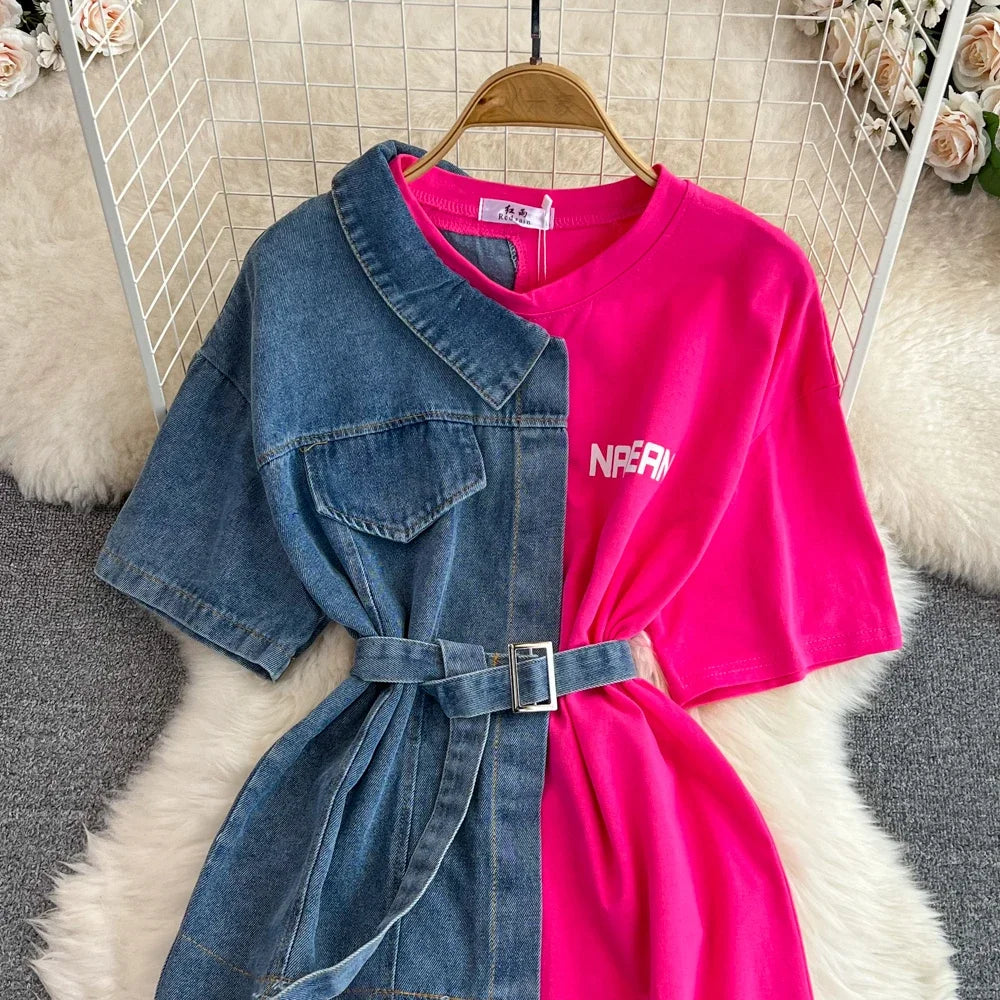 Women Summer Casual T Shirt Short Sleeve Streetwear Patchwork Denim Long Shirts Female O-neck Slim Jeans Tops