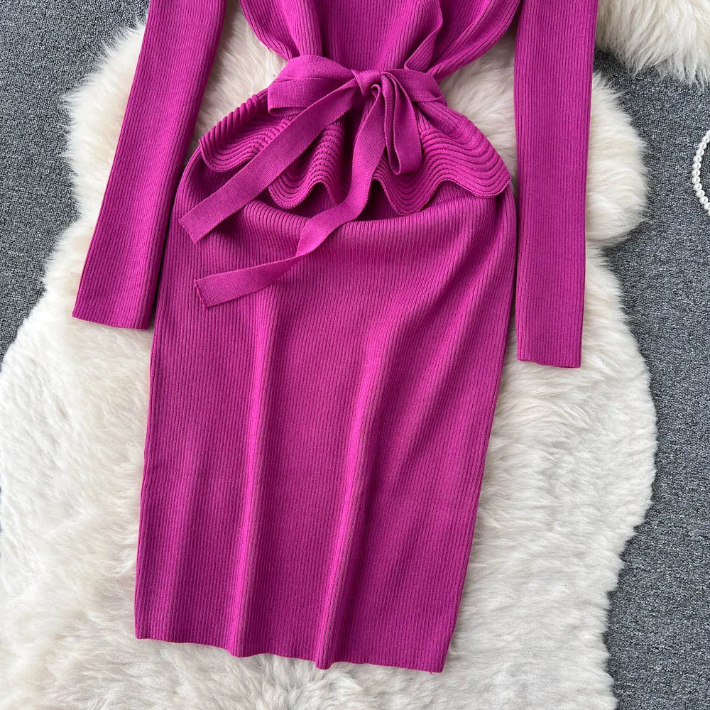 Women Long Sleeve V Neck Sexy Knit Bodycon Dress Chic Vintage Lace Up French Fashion Vestidos Party Elegant Fashion Dresses Y2k