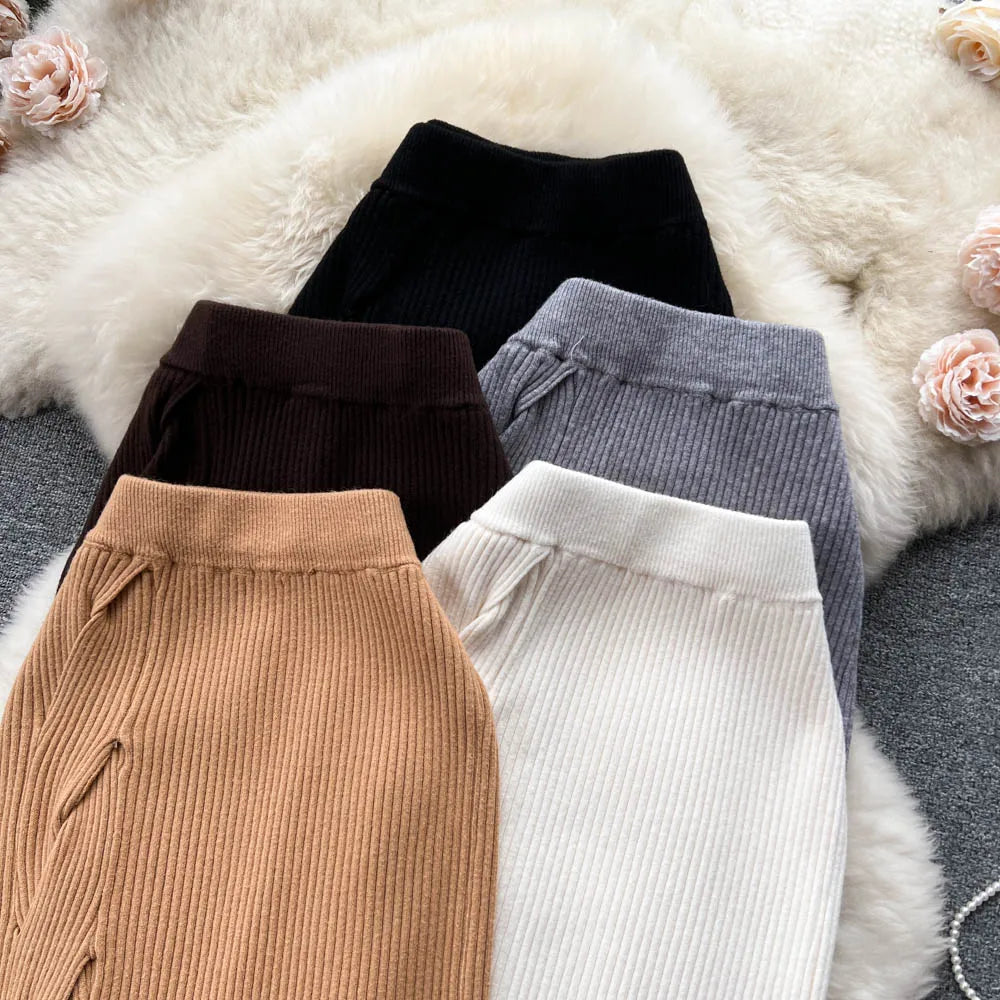 Women Elegant Chic Split Sexy Skirt Elastic Knit High Waist Fashion Vintage Pencil Skirt Black White Spring Autumn Clothing