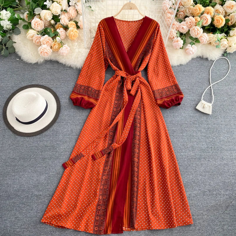Vintage Print Elegant Puff Sleeve One Piece Dress A-line Lace-up Beach Vacation Midi Dress Women Fashion Spring Autumn Vestidos