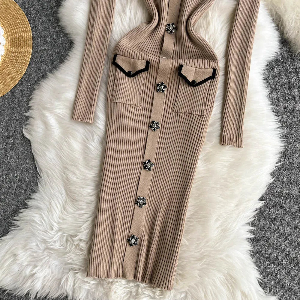 Women Elegant Chic Long Sleeve Sexy Slim Bodycon Dress Vintage Korean Fashion Knit Tight Vestido Autumn Winter Sweater Robe