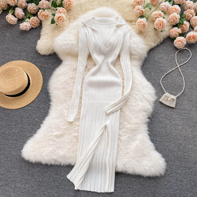 Women Chic Elegant Long Sleeve Split Bodycon Midi Dress Sexy French Fashion Knit Wrap Vestidos Elastic Slim Pencil Sweater Dress