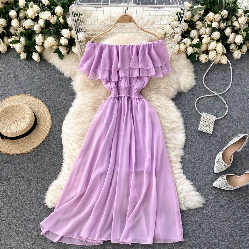 Women Chiffon Beach Dress Sexy Double Layer Ruffled Off The Shoulder Boho Dresses Ladies Sweet Slash Neck Long Dress