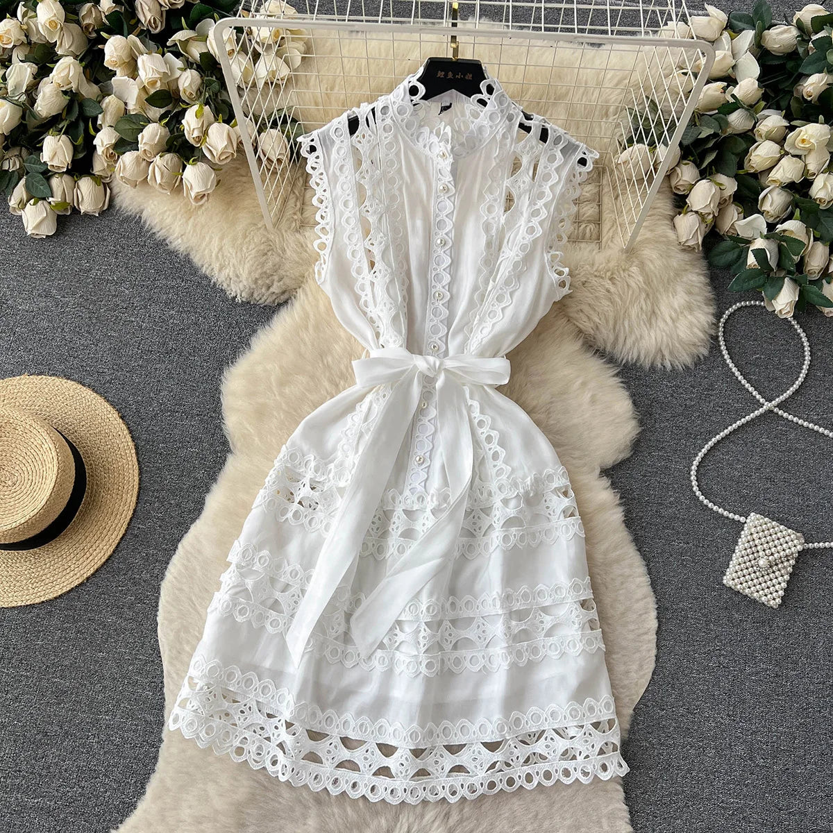 Summer Clothes Dresses For Women 2023 Elegant Vintage Embroidery Lace Dress Sleeveless Stand Neck Button Up Mini Dress With Belt