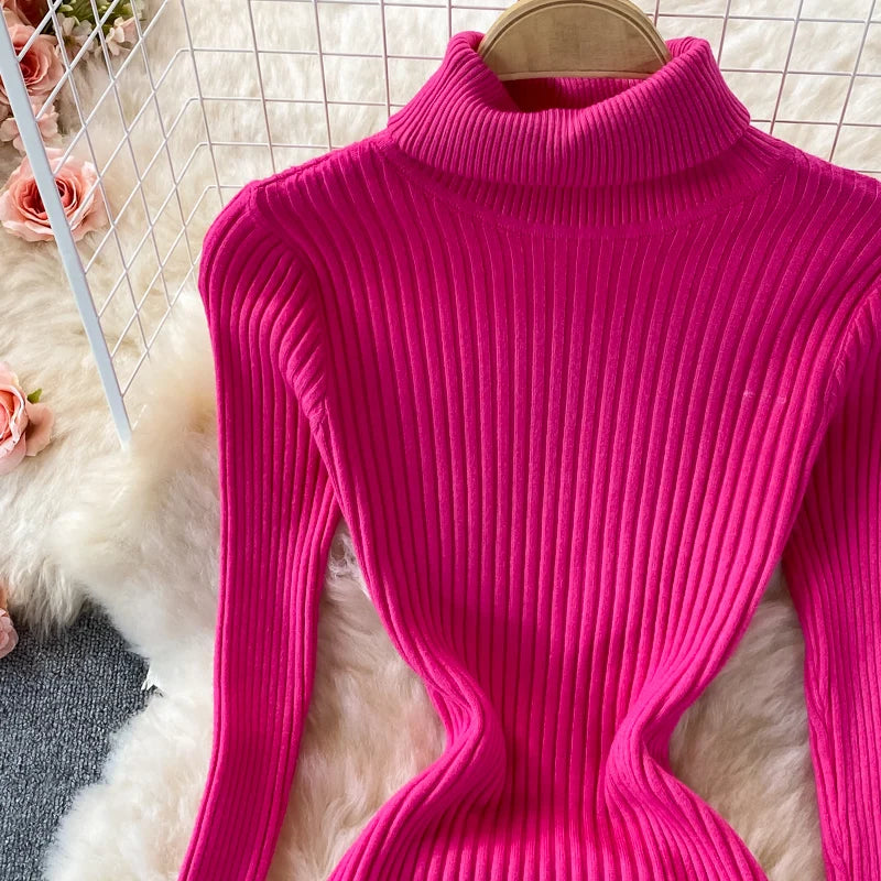 Women Chic Turtleneck Long Sleeve Sexy A-line Sweater Dress Vintage Korean Fashion Knit Vestido Elegant Autumn Winter Knitwear