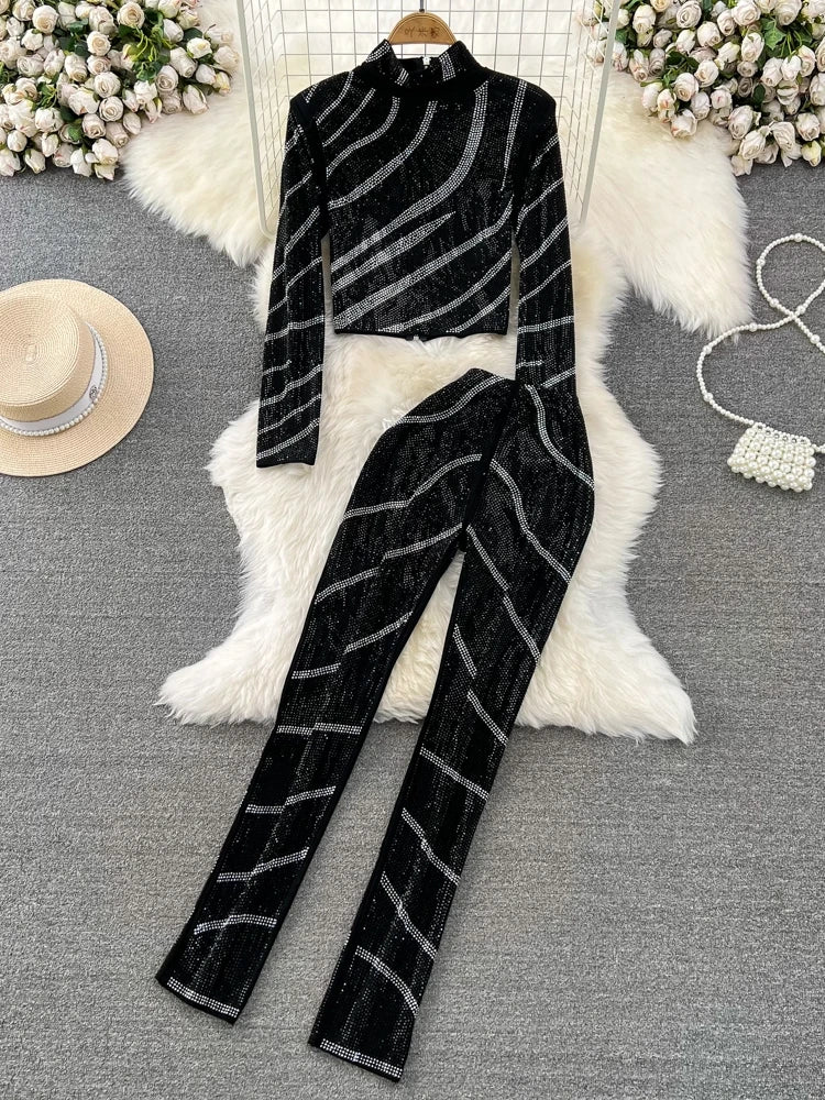 Spring Autumn Women Diamonds Striped Two Piece Set Gold/Silver/Black Stand Collar Long Sleeve Short Tops + Pants Suit 2Pcs New