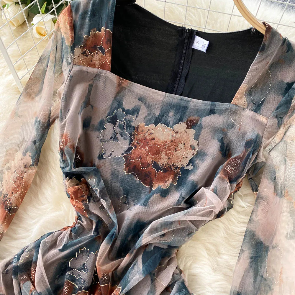 Elegant High Waist Fashion Print Pleated Split Dress Long Sleeve Square Neck Vestidos Autumn Winter Pencil Dress