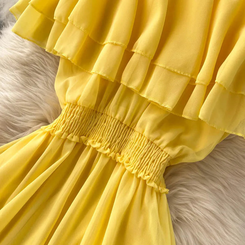 Women Chiffon Beach Dress Sexy Double Layer Ruffled Off The Shoulder Boho Dresses Ladies Sweet Slash Neck Long Dress