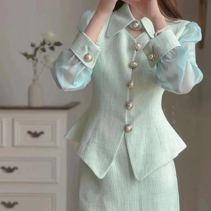 French Luxury Small Fragrance Suit Thick Tweed Two Piece Set with Long Sleeve Slim Waist Coat with Bow+Short Skirt Sets