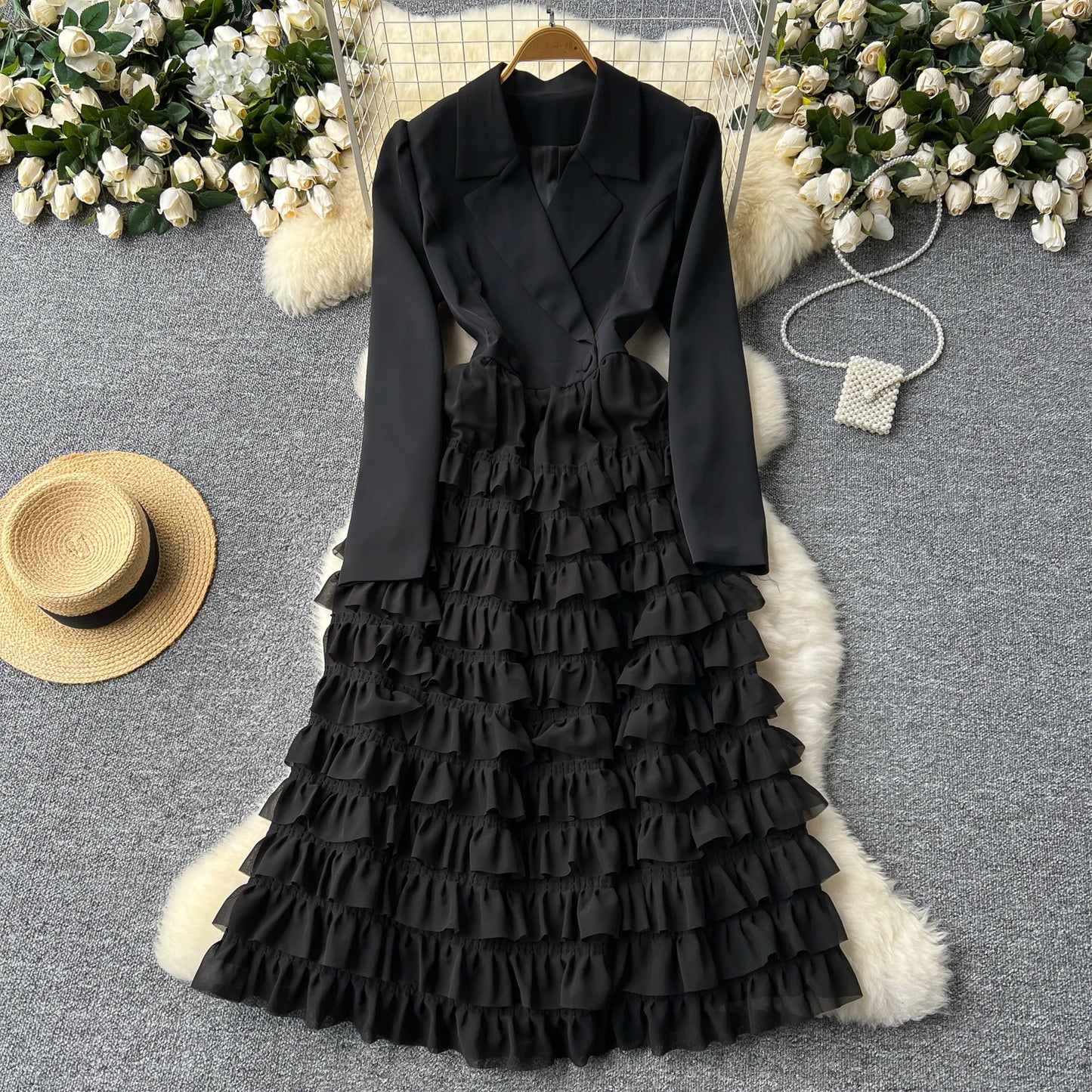French Vintage Two Pieces Sets Notched lool sleeve mesh sweet A-line Chic PATCHWORK Women Summer dresses