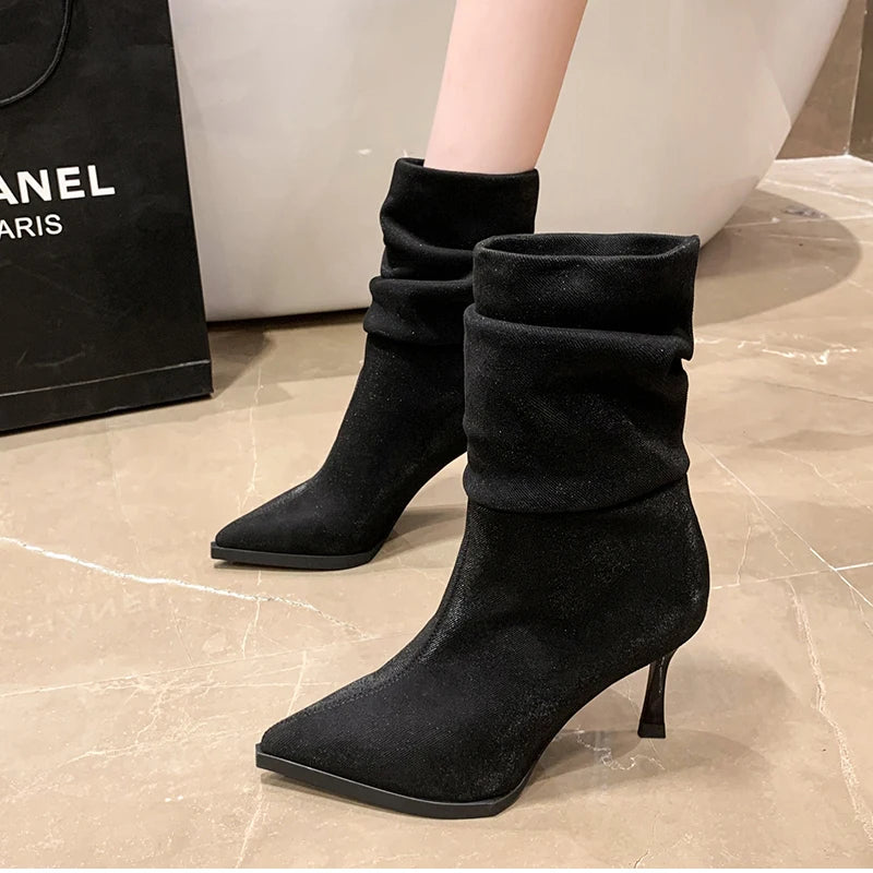 High Heel Women Pleated Ankle Boots Fashion Pointed Toe Slip On Shoes Dancing Party Dress Short Botas De Mujer