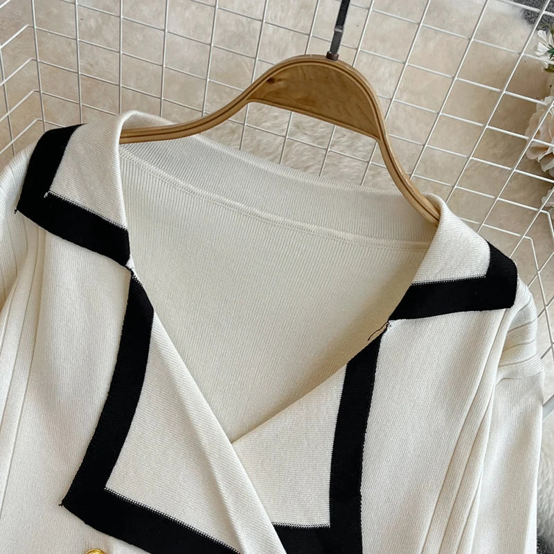 Women Fall Contrast Color Two-piece Set Double-breasted Turndown collar Long Sleeved Top and High Waist Straight Pants Knit Suit