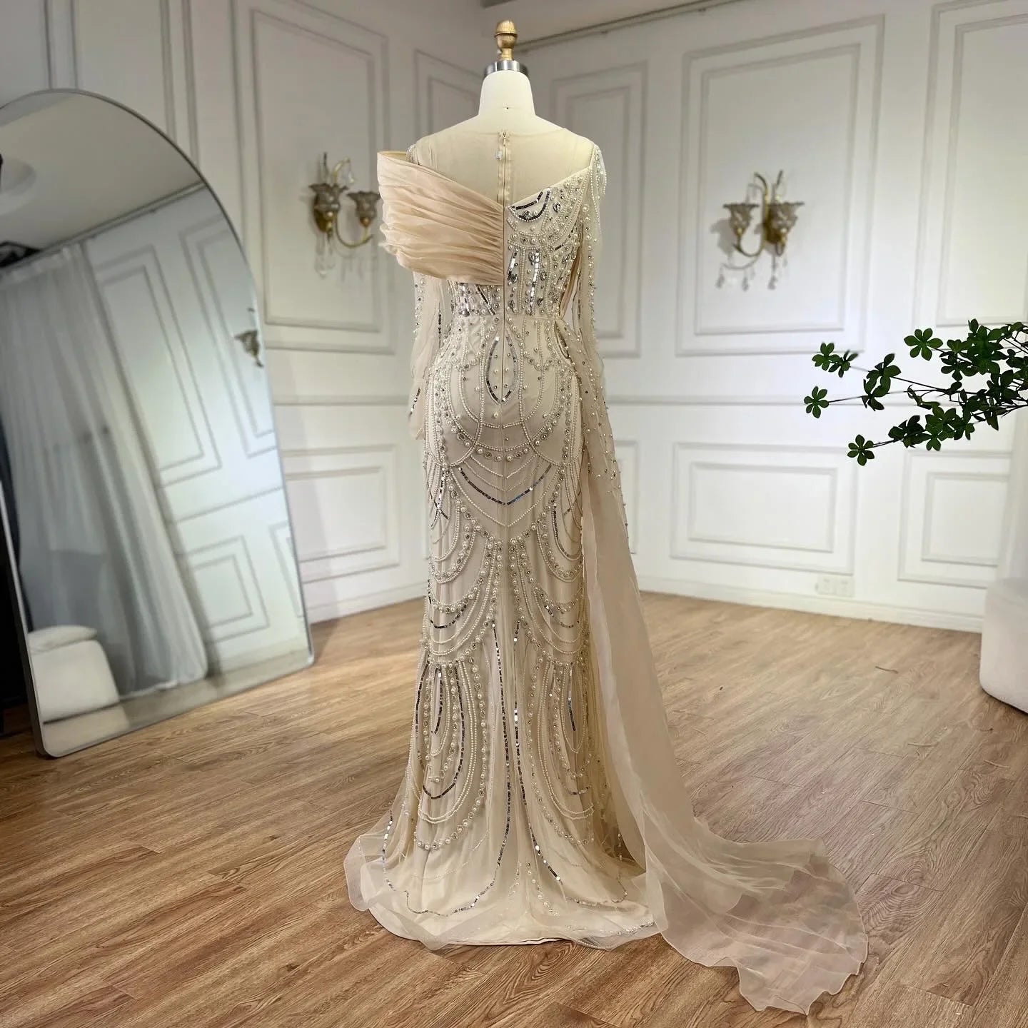SERENE HILL 2024 Nude Mermaid Luxury Pearls Beaded Evening Dresses Elegant Gowns With Sideskirt Women Wedding Party GLA72348