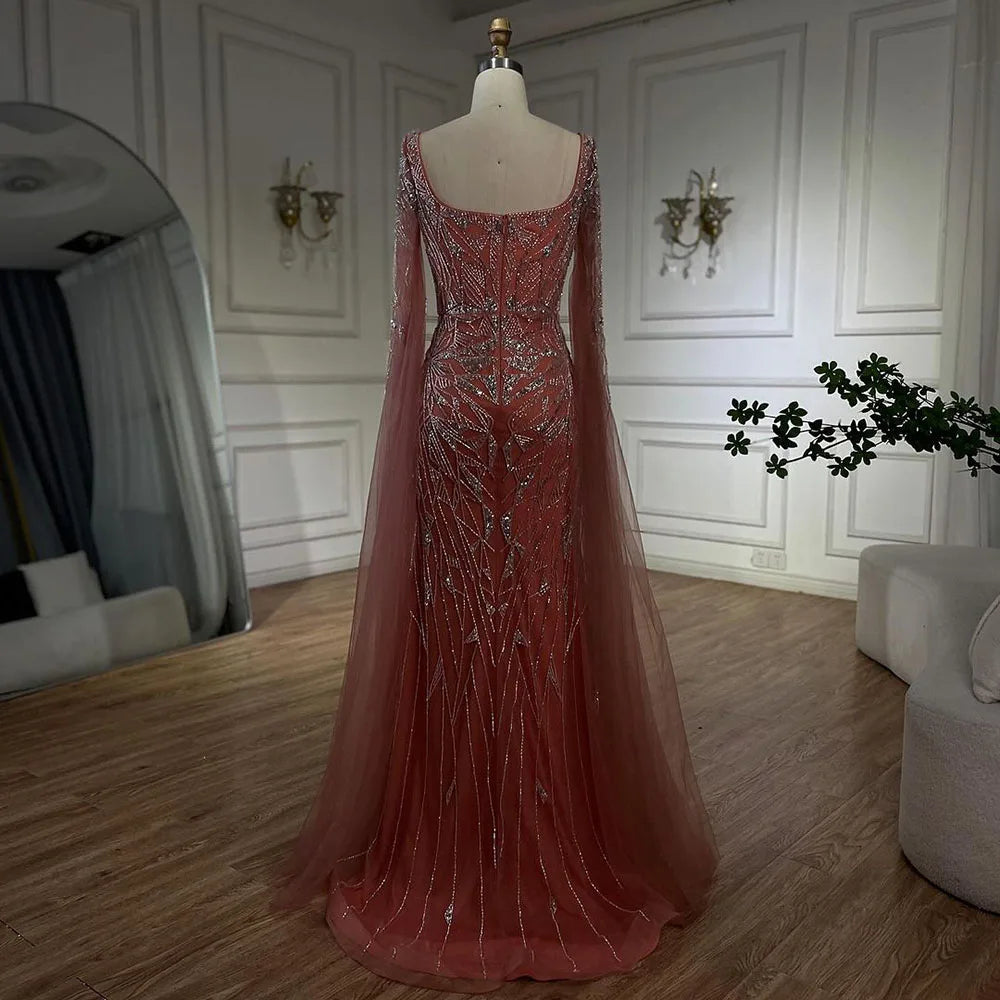 Serene Hill Arabic Pink Cape Sleeves Mermaid Dubai Evening Dresses Beaded Luxury Wedding Party Gowns For Women 2024 LA72261