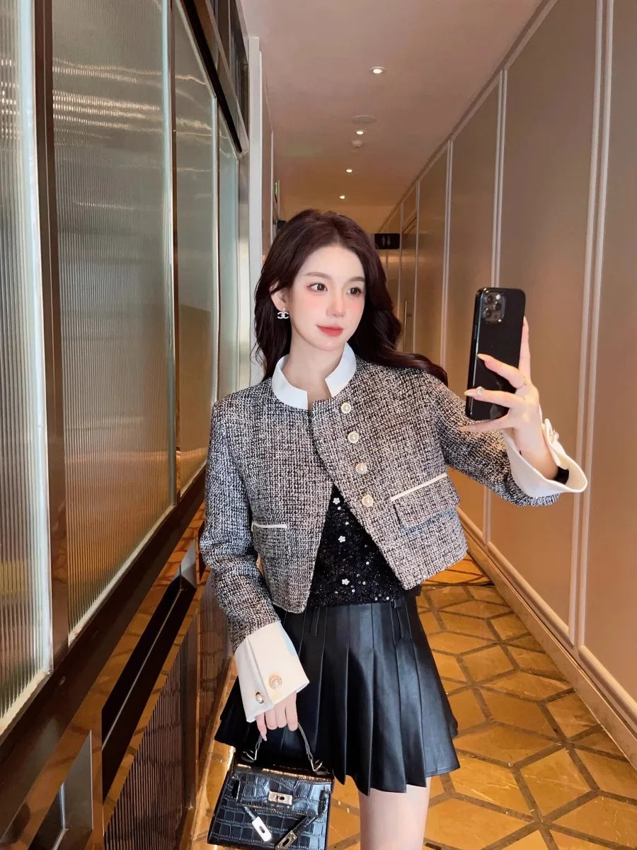 High-end Color Contrast Small Fragrance Equestrian clothing for Women Autumn New Loose and Fashionable Coarse Tweed Short Coat