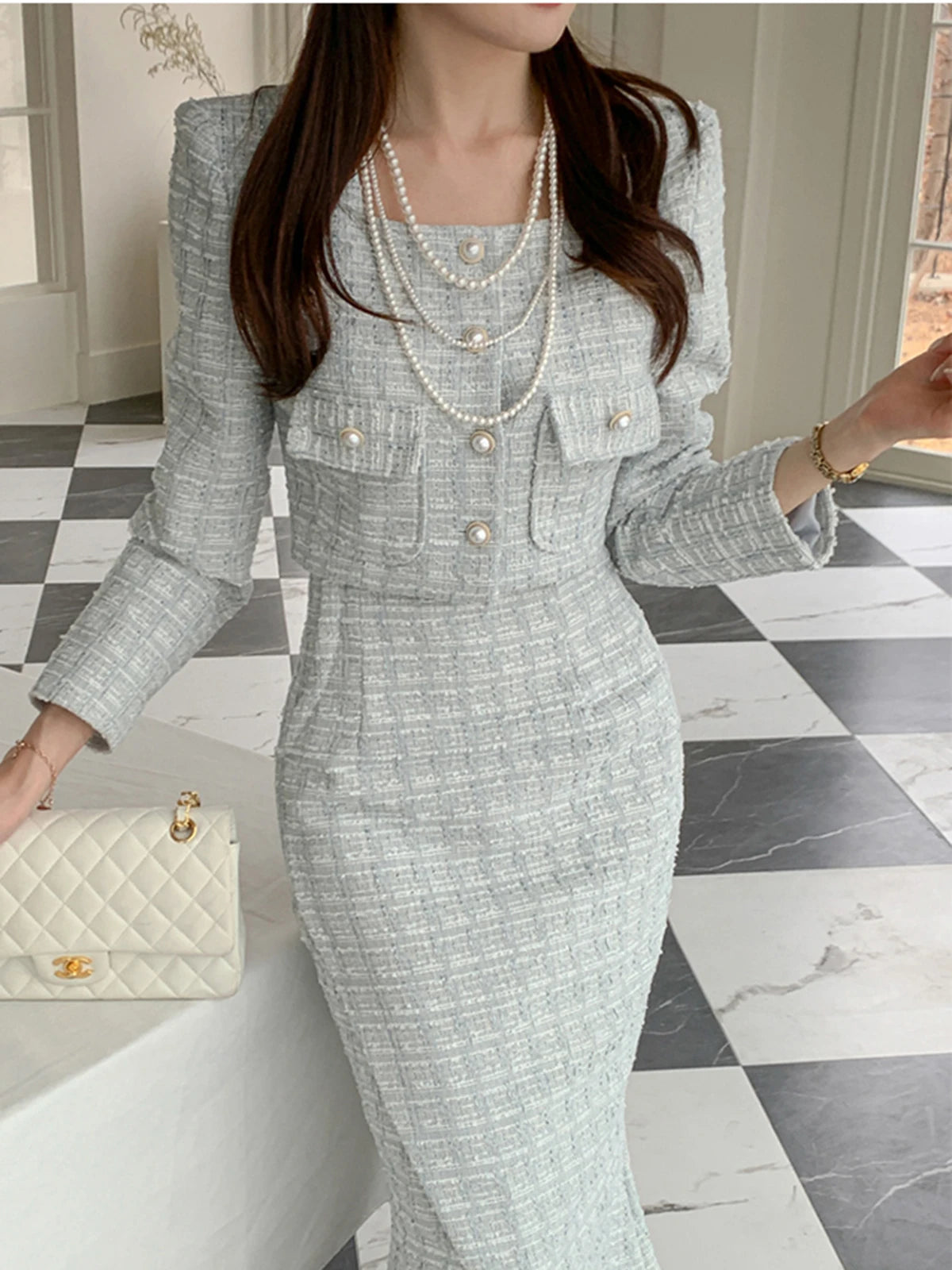 Vintage Tweed 2-piece Spring Autumn Women’s Elegant Two Pieces Set Pearl Buckle Cropped Coats+Pencil Skirt Small Fragrant Suits