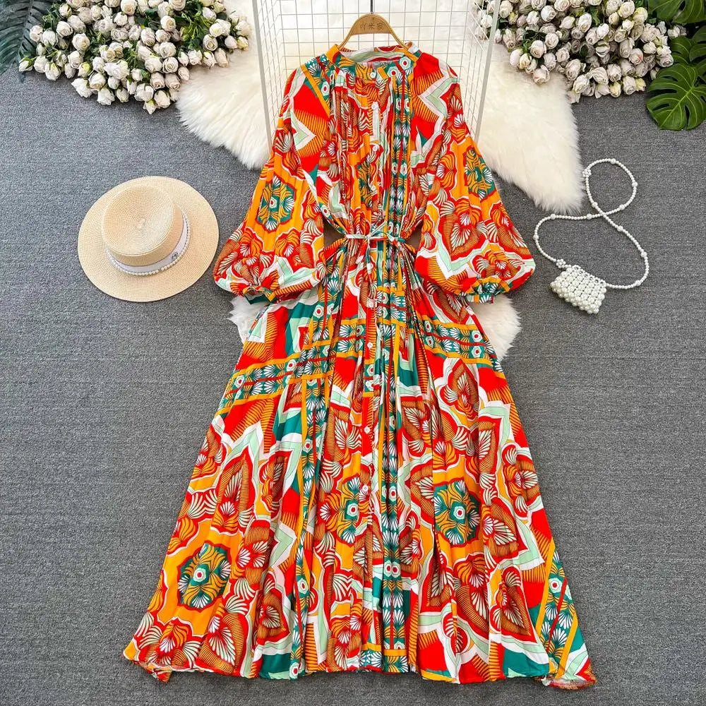 Elegant Women Casual Floral Print Party Dress Vintage Lantern Sleeve A-Line Pleated Prom Birthday Clothes Female Fashion Robe