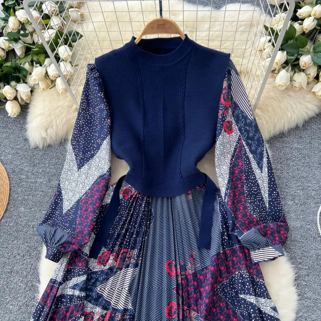 French Vintage Patchwork Print Knitted Dress Elegant and Chic Boho Beach Holiday Dresses A-Line Slim Waist Pleated Vestidos New