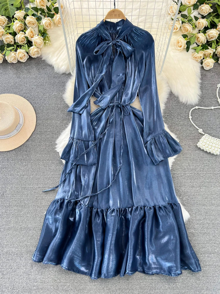 Elegant and Chic Solid Evening Dresses for Women Fashion New Bow Lace Up Flare Long Sleeve A-Line Vestidos Autumn Female Clothes