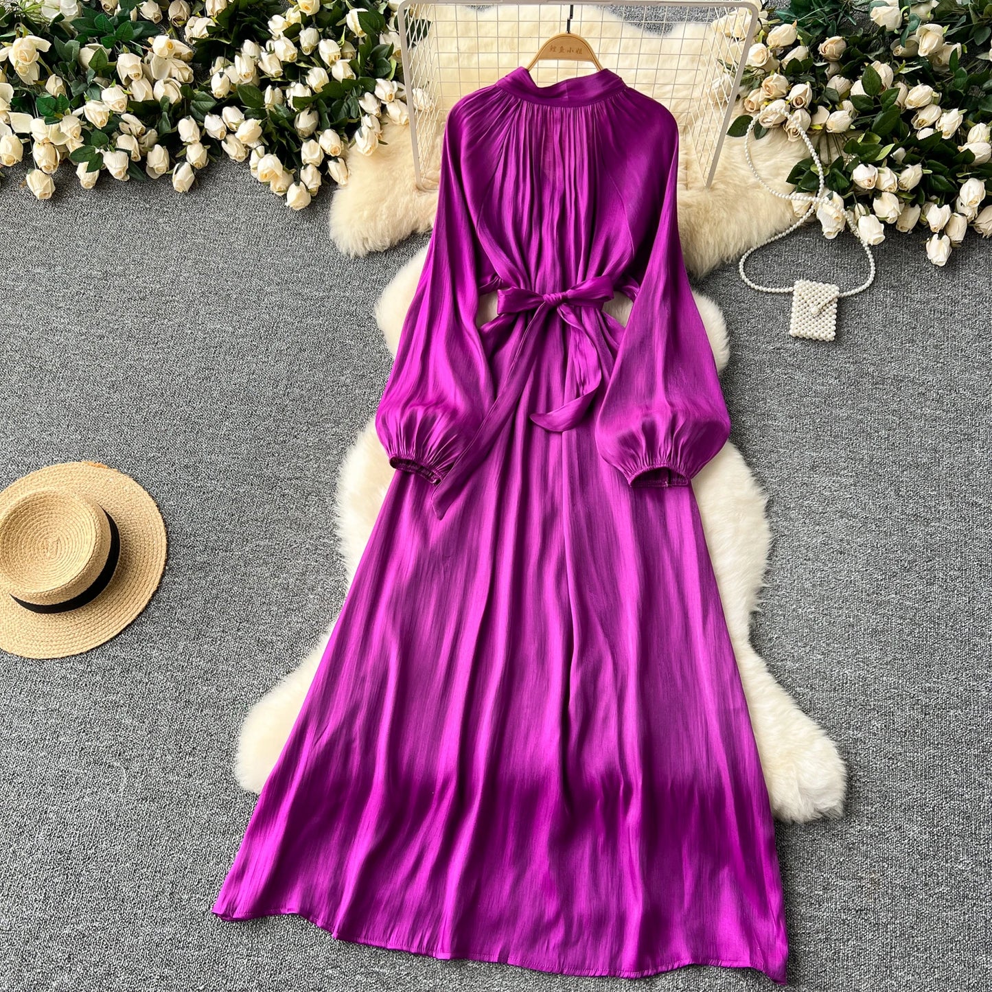 French Vintage Pleated lool sleeve print Lace-up Bow sweet Dress Casual Women Fashion summer dresses