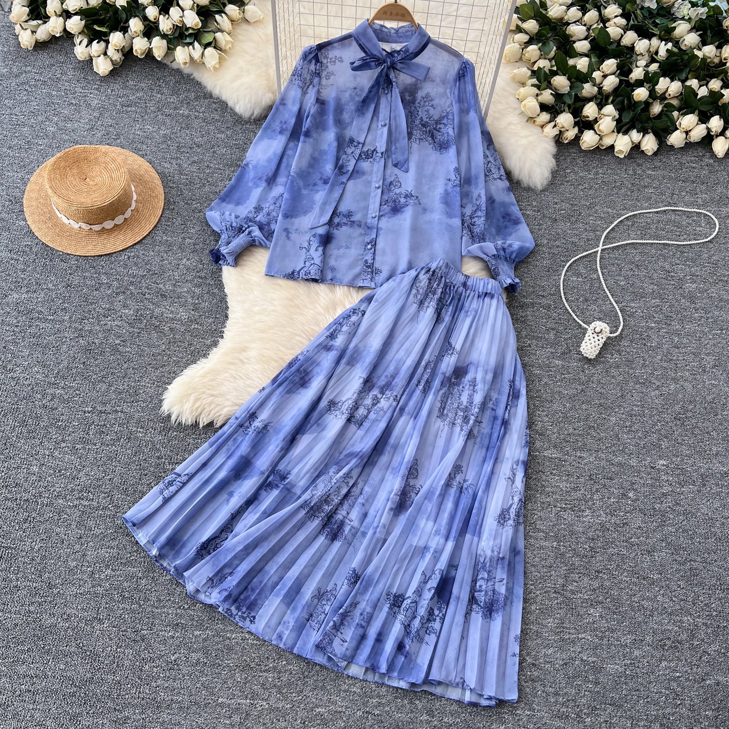 Women Chic Print Sweet Two Pieces Sets Bow Lantern Long Sleeve Top High Waitst Wide Skirt Fashion Summer Sets