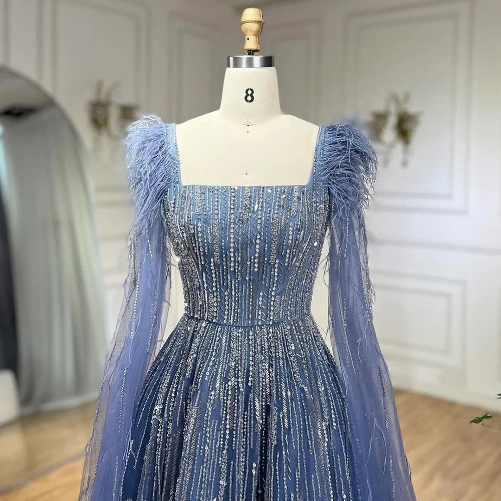Serene Hill Luxury Dubai A Line Blue Cape Sleeves Feathers Beaded Evening Dresses Gowns 2023 For Women Wedding Party BLA72236