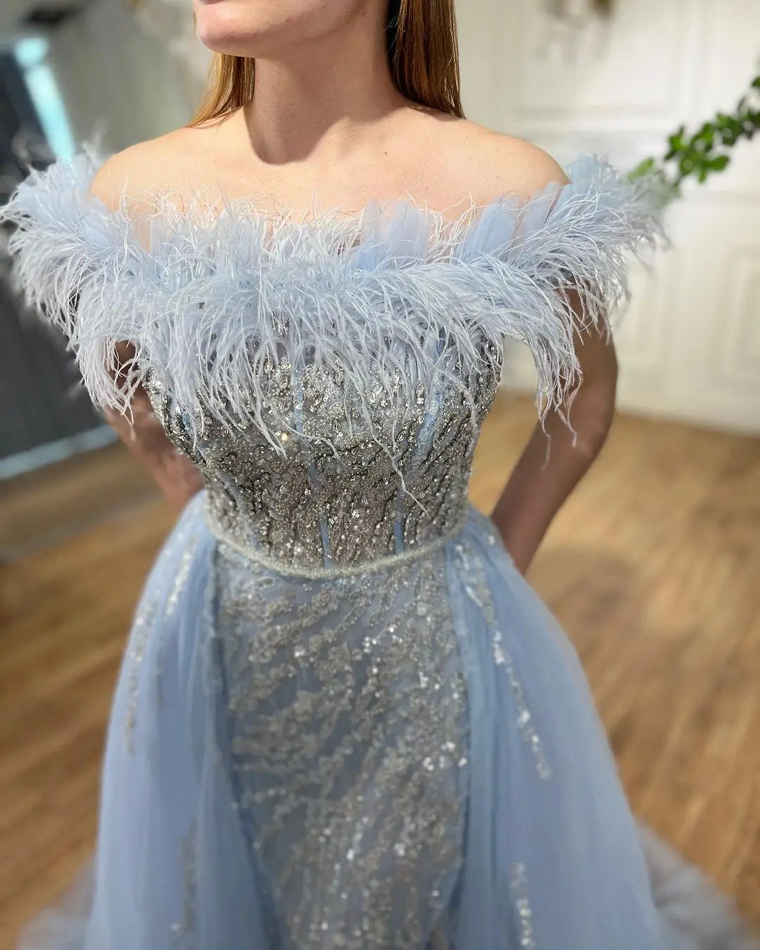 SERENE HILL 2024 Blue Feather Mermaid Luxury Beaded Evening Dresses Overskirt Formal Pink Gowns For Women Wedding Party GLA72061