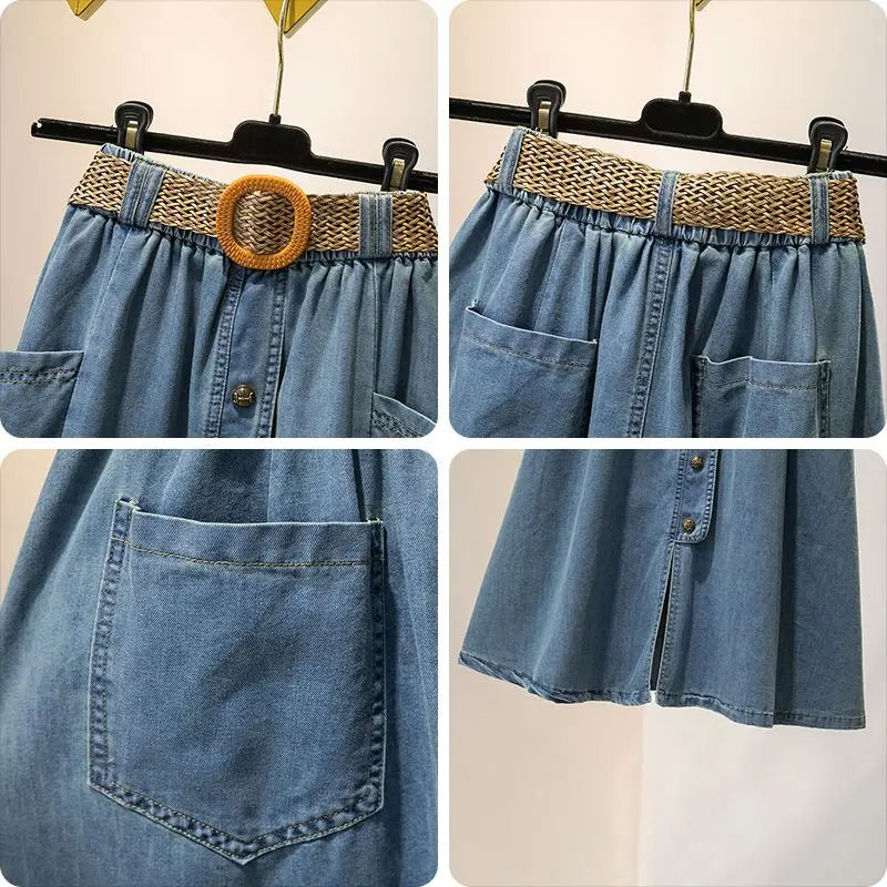 Vintage Summer Denim Skirt for Women Fashion High Waist Slim Button Split Long Skirts Korean Loose A-line Thin Jeans Midi Skirt